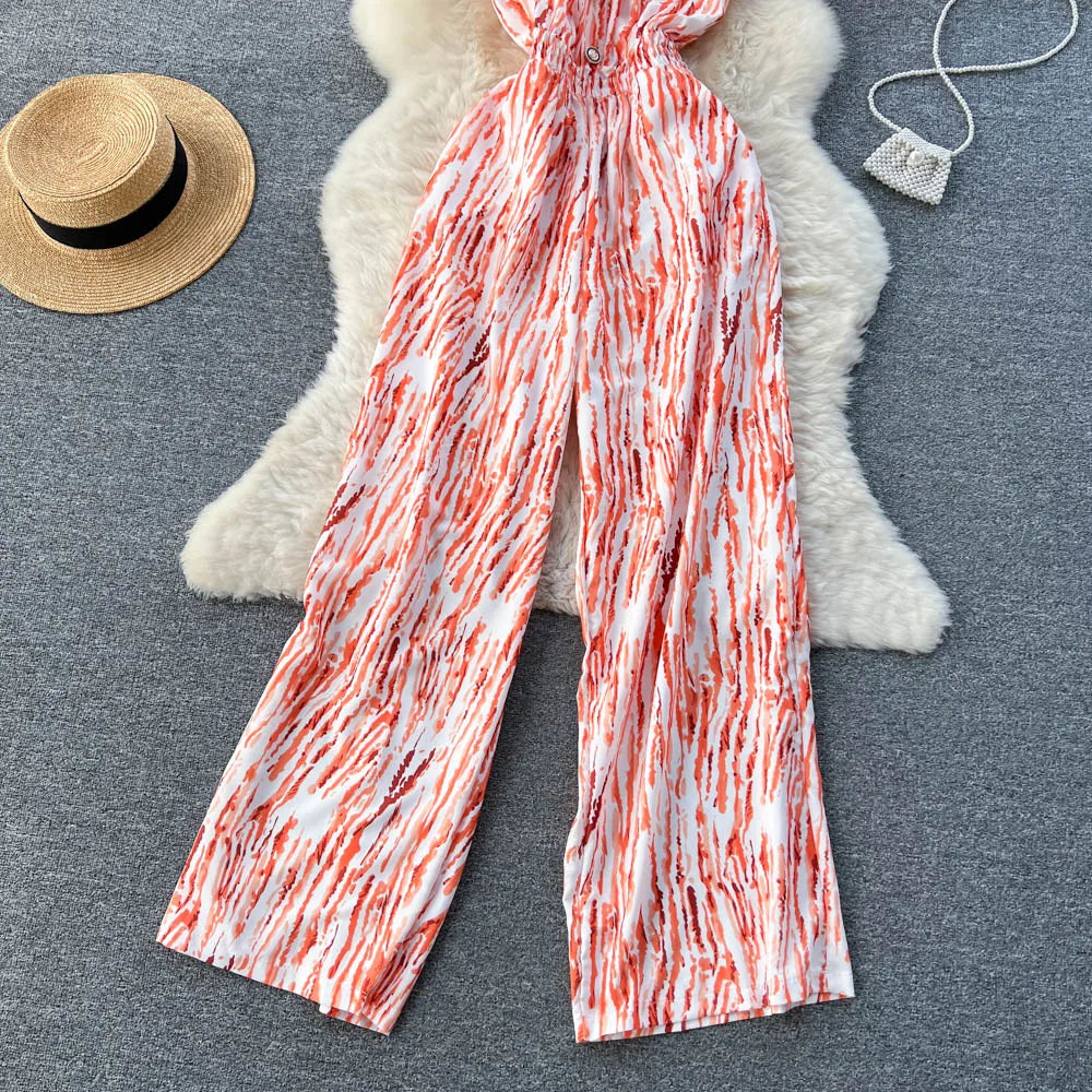 Halter Strapless Backless Loose Wide Legs Pants Beach Style Striped Jumpsuits