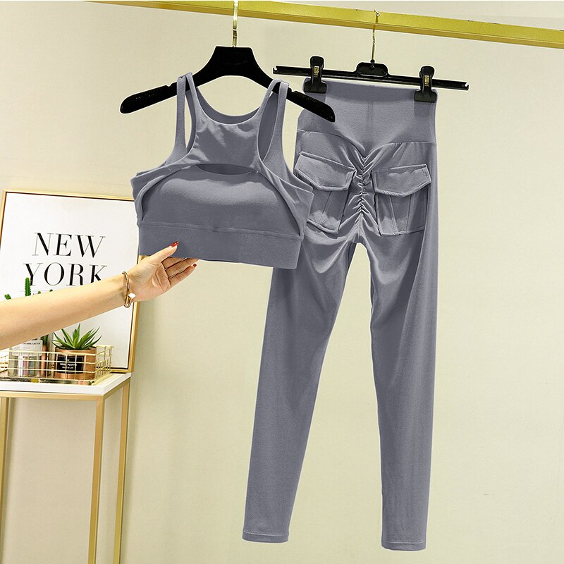 Women&#39;s Tracksuit Leggings Yoga Set With Pocket High Waist Sportswear Bra Fitness Workout Cycling Sports Suit Gym Outfit Clothes