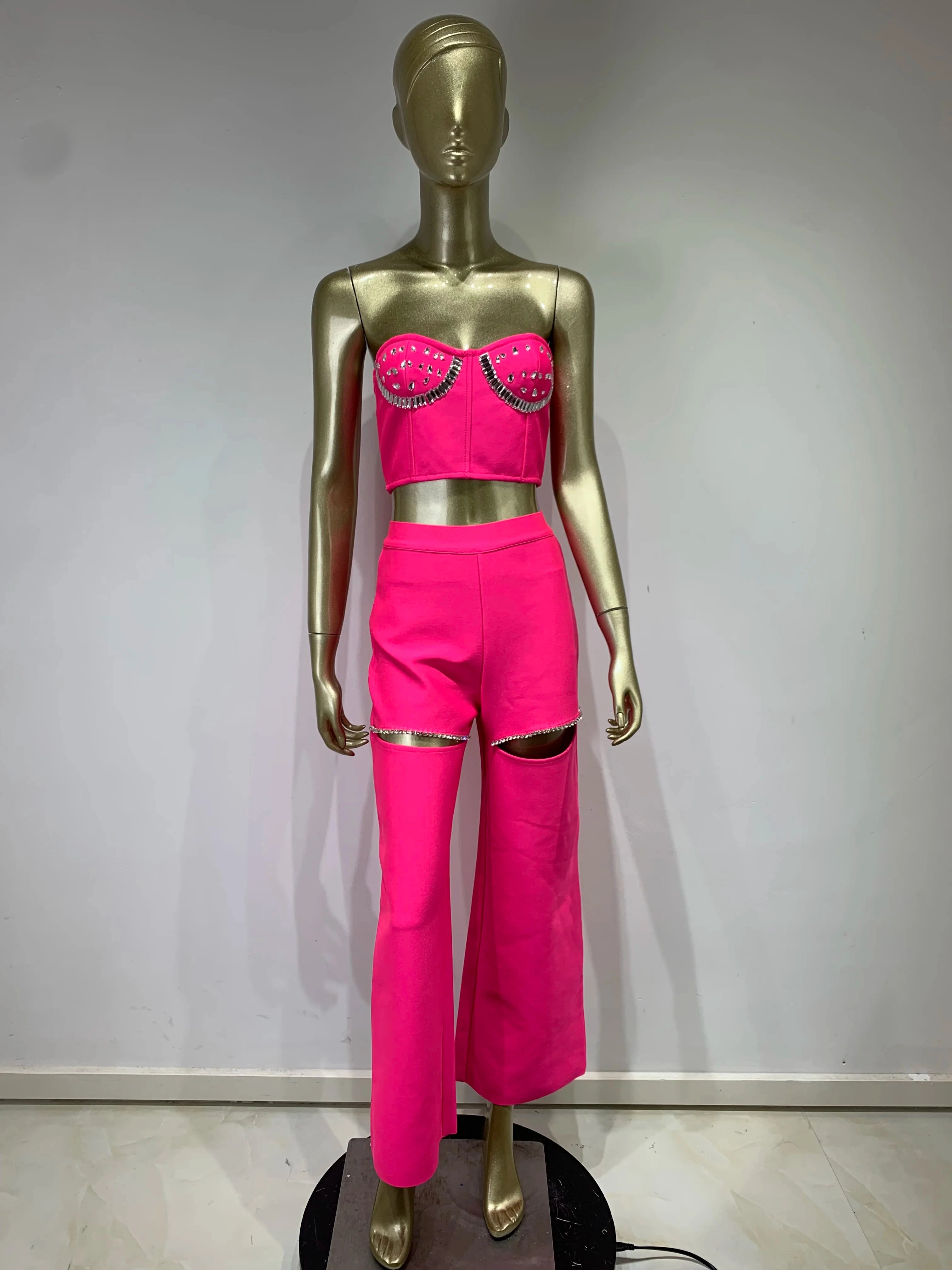 Strapless Backless Cut Out Pink Beading Bandage Pants and Top Set