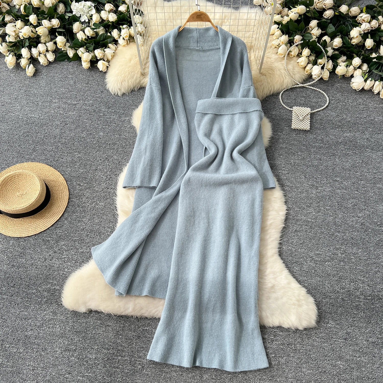 Long Sleeves Oversize Cardigan+Strapless Bodycon Dress Solid Knit 2pcs Sets