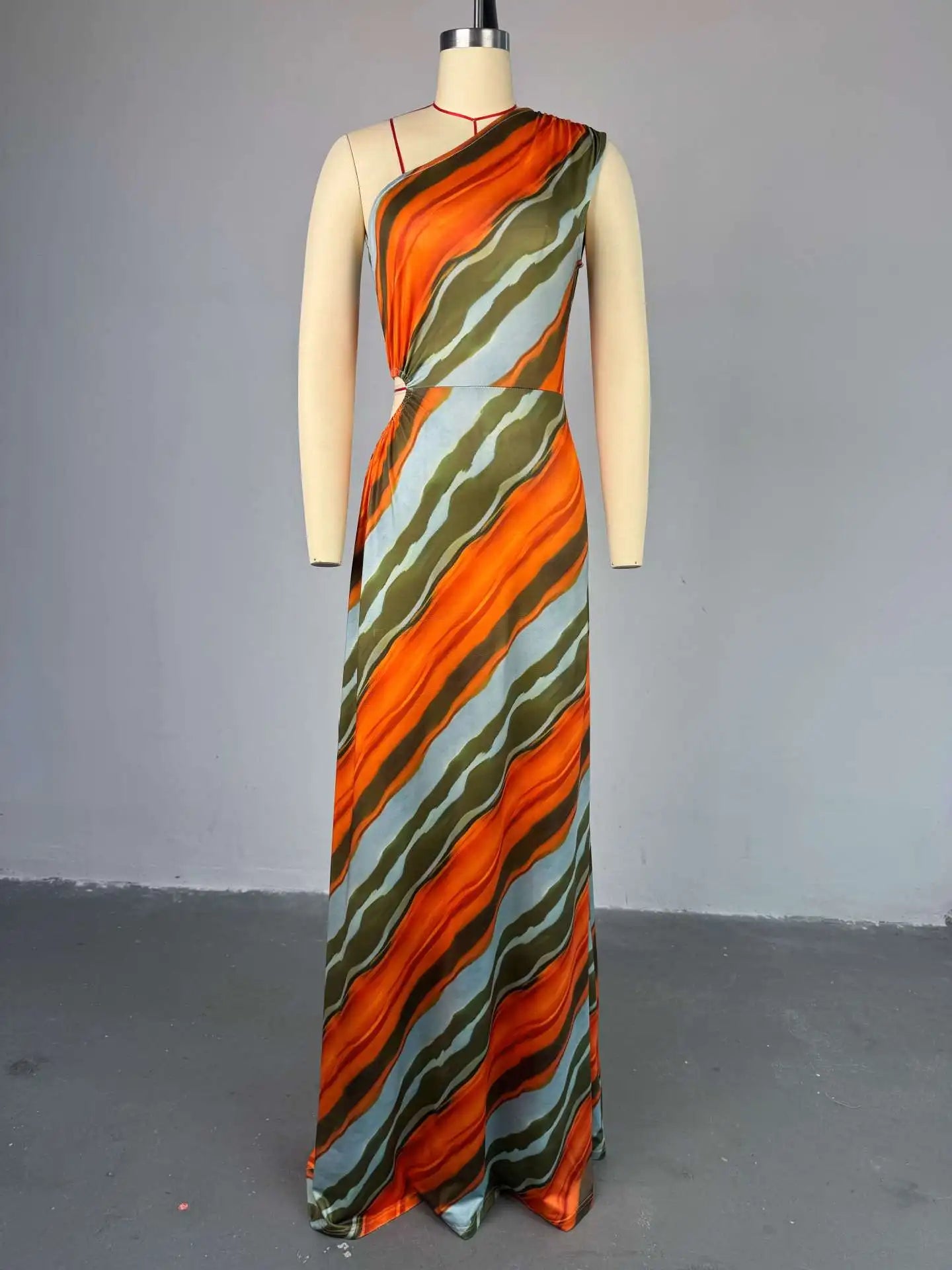 Elegant Striped Print Sleeveless Floor-Length Long Dress