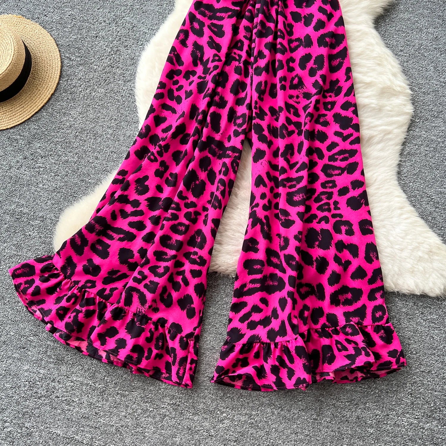 Flared Sleeves Elastic Waist Slim Fit Leopard Print Long Rompers Jumpsuit