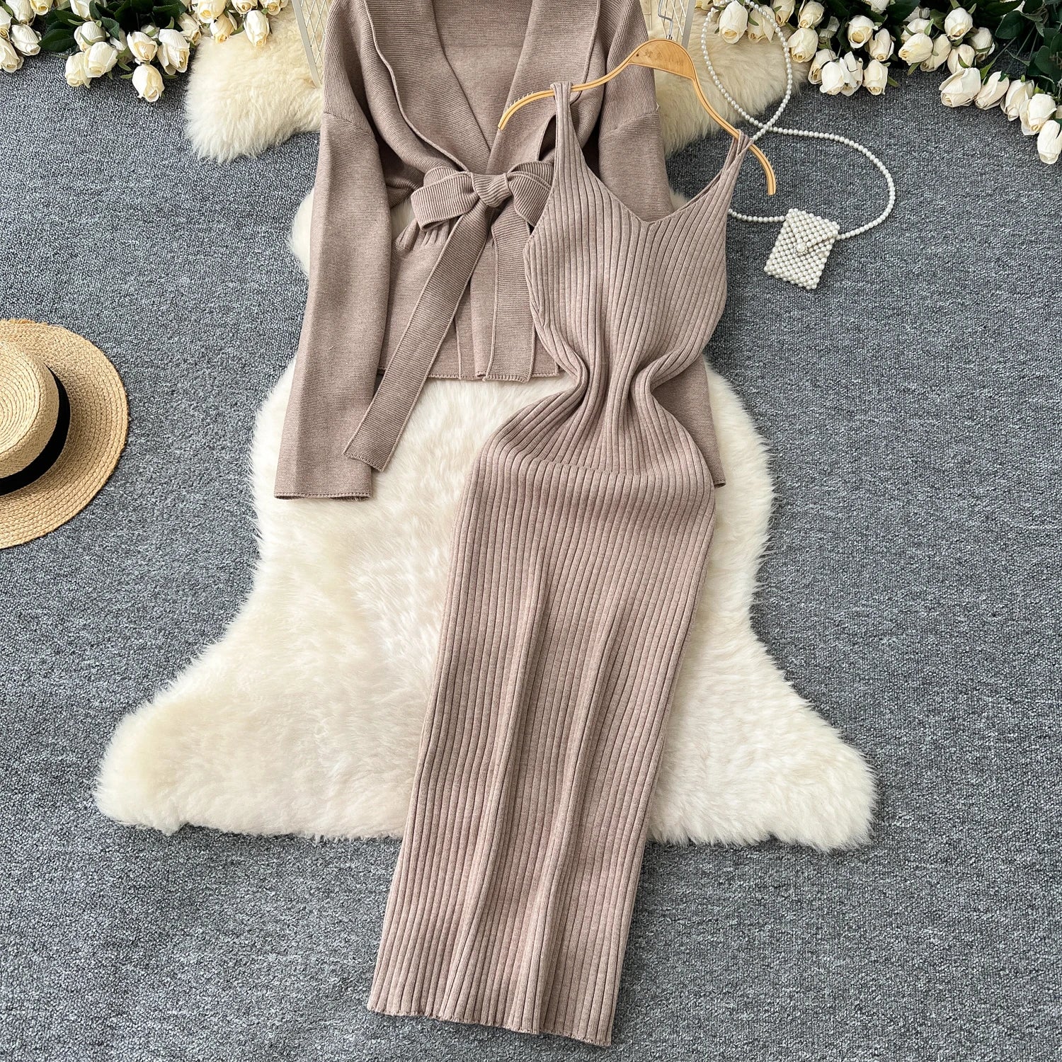 Lace Up Slim Cardigan+Sling Long Bodycon Solid Sweater Dress Two Piece Set