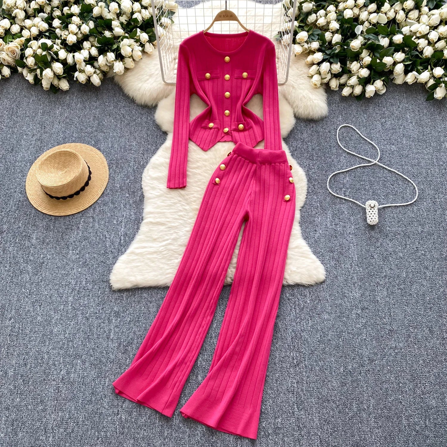 Long Sleeves Chic Buttons Pullovers+Elastic Long Pants Vintage Two Pieces Sets