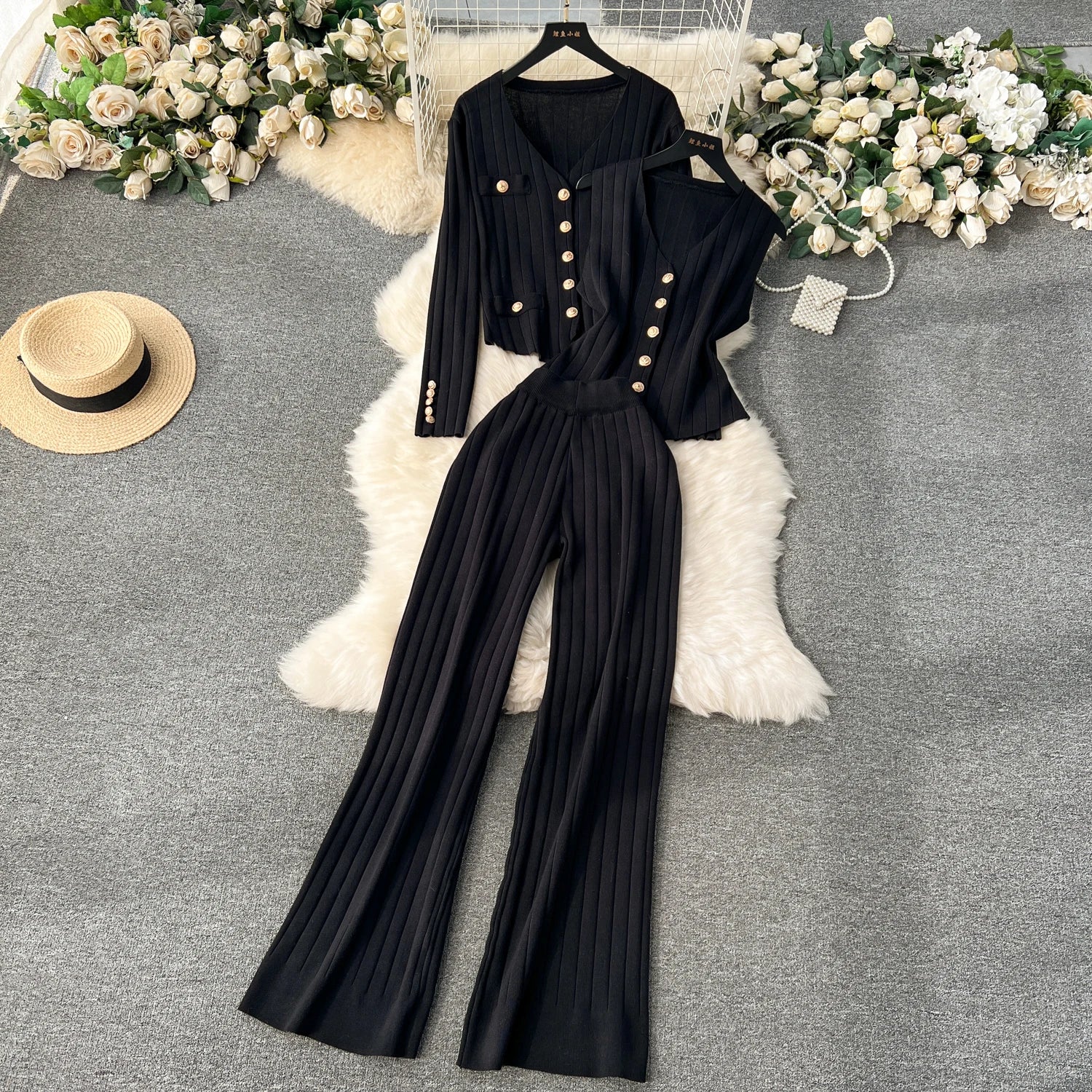 Knitted Metal Button Vest+V Neck Long Sleeves Cardigans+Wide Legs Pants Stripe Three Pieces Sets