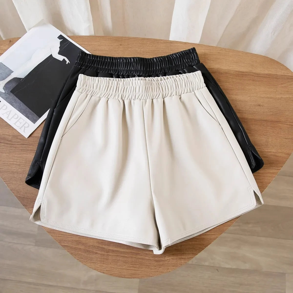 Casual High-waist Loose-fit Leather Shorts