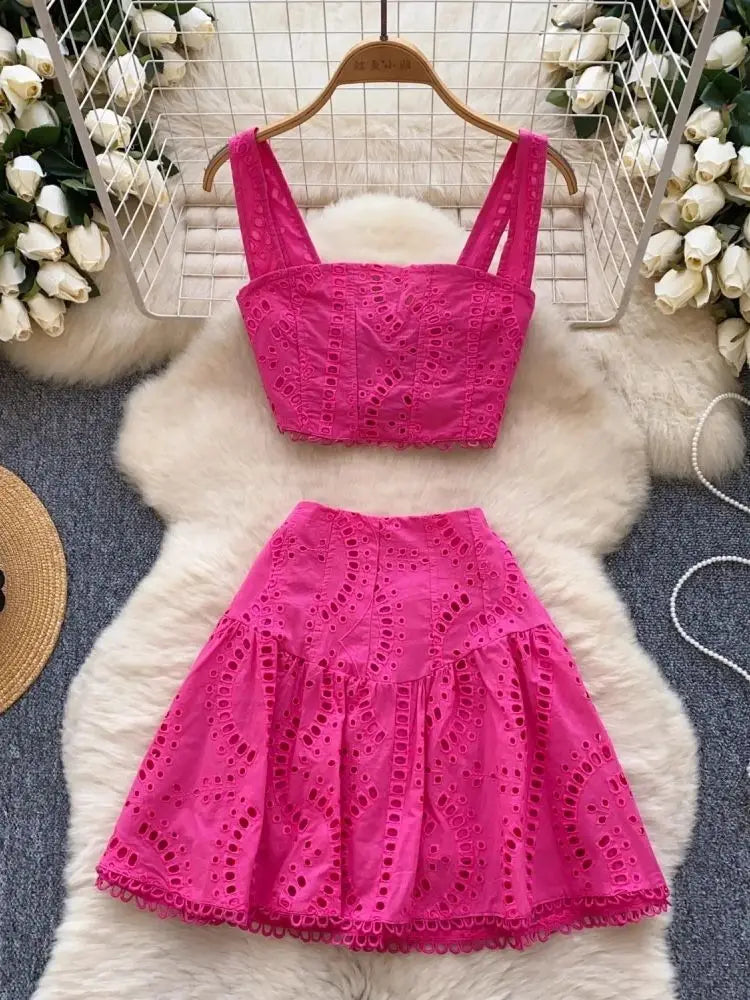 Y2k Elastic Backless Crop Top + High Waist Mini Skirts Hollow Out Two Piece Set