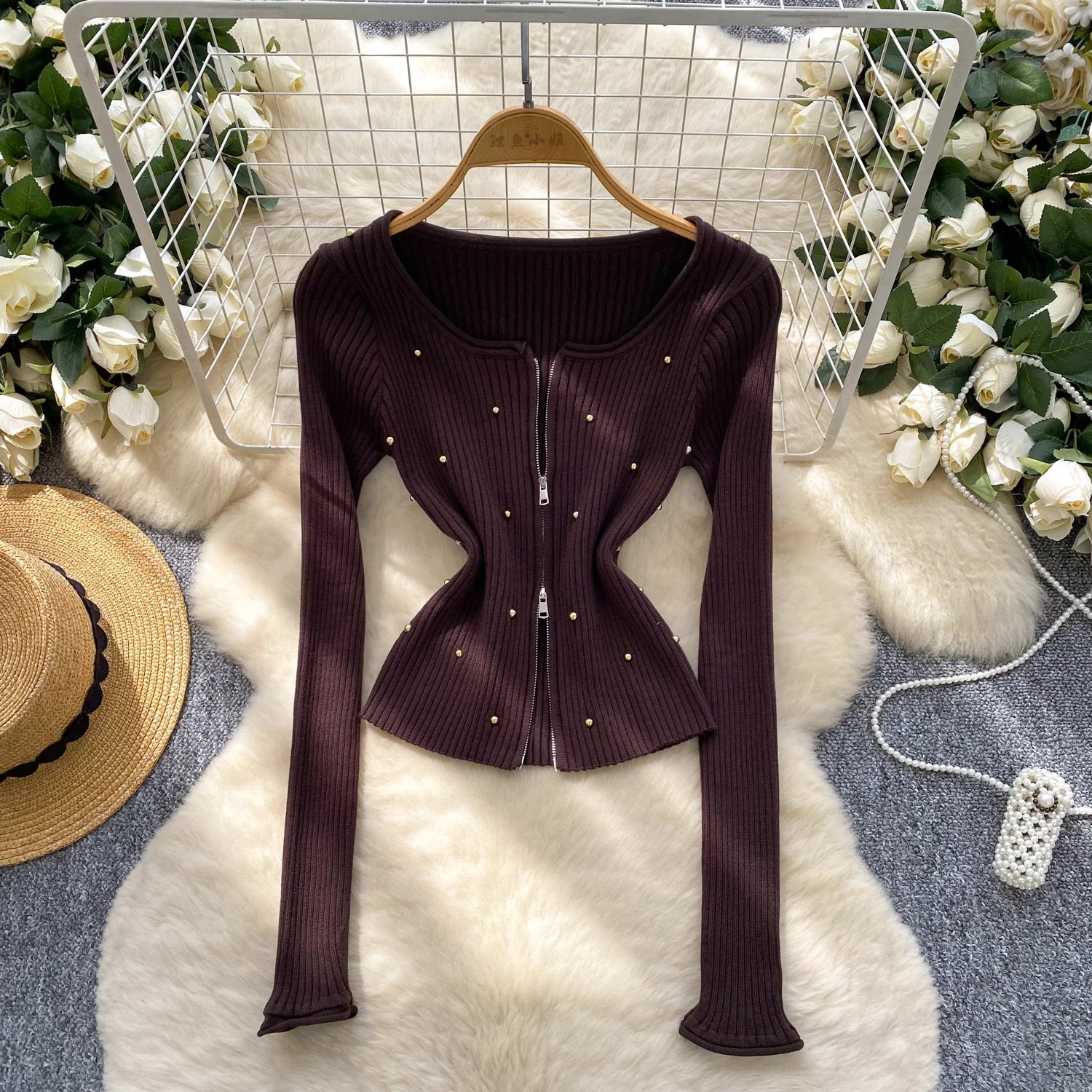 Slim Pullovers Beadings Zippers Short Knitted Skinny Tops