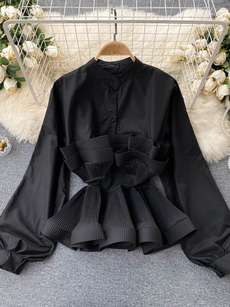 Puff Long Sleeve Pleated Ruffle Y2k Top Blouse