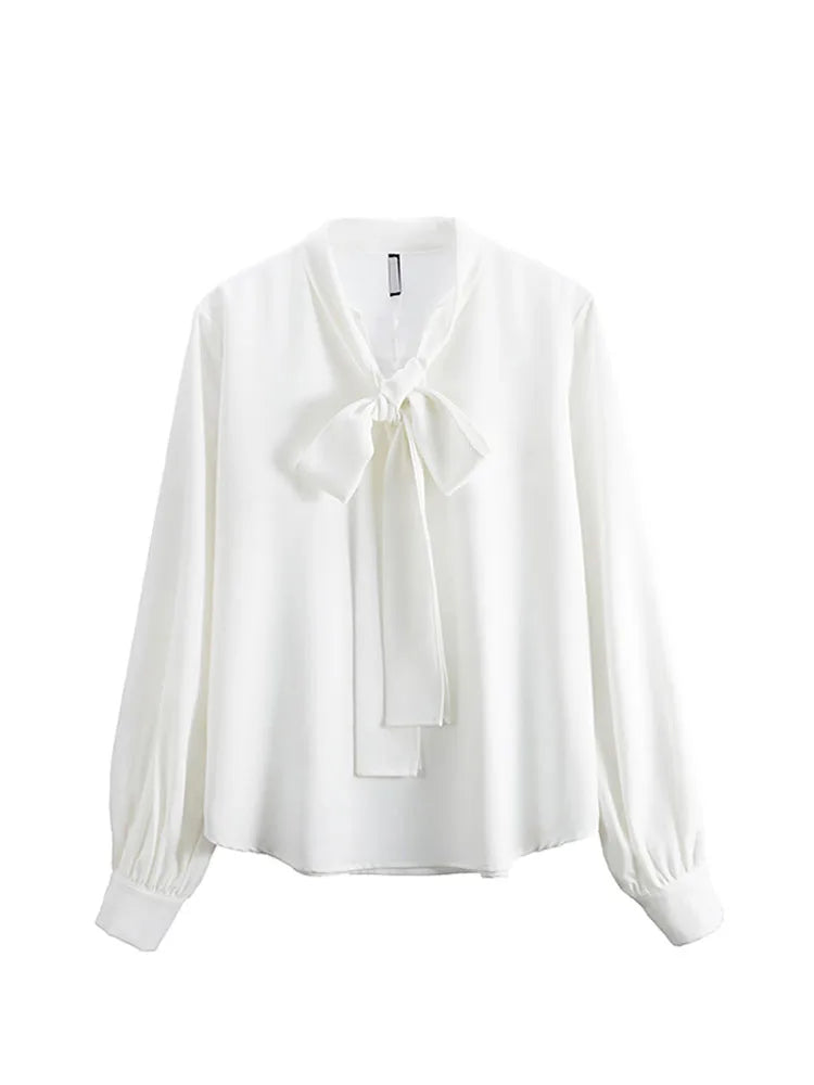 Lace Up Vintage Long Sleeve Solid Chiffon Casual Bow Blouse