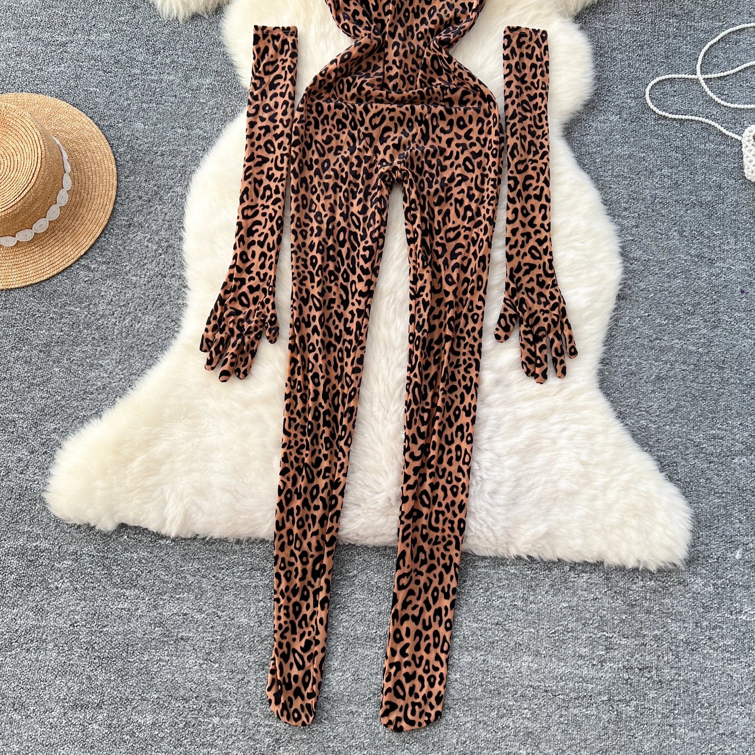 Leopard Print Stand Collar Long Gloves Long Playsuits Jumpsuit