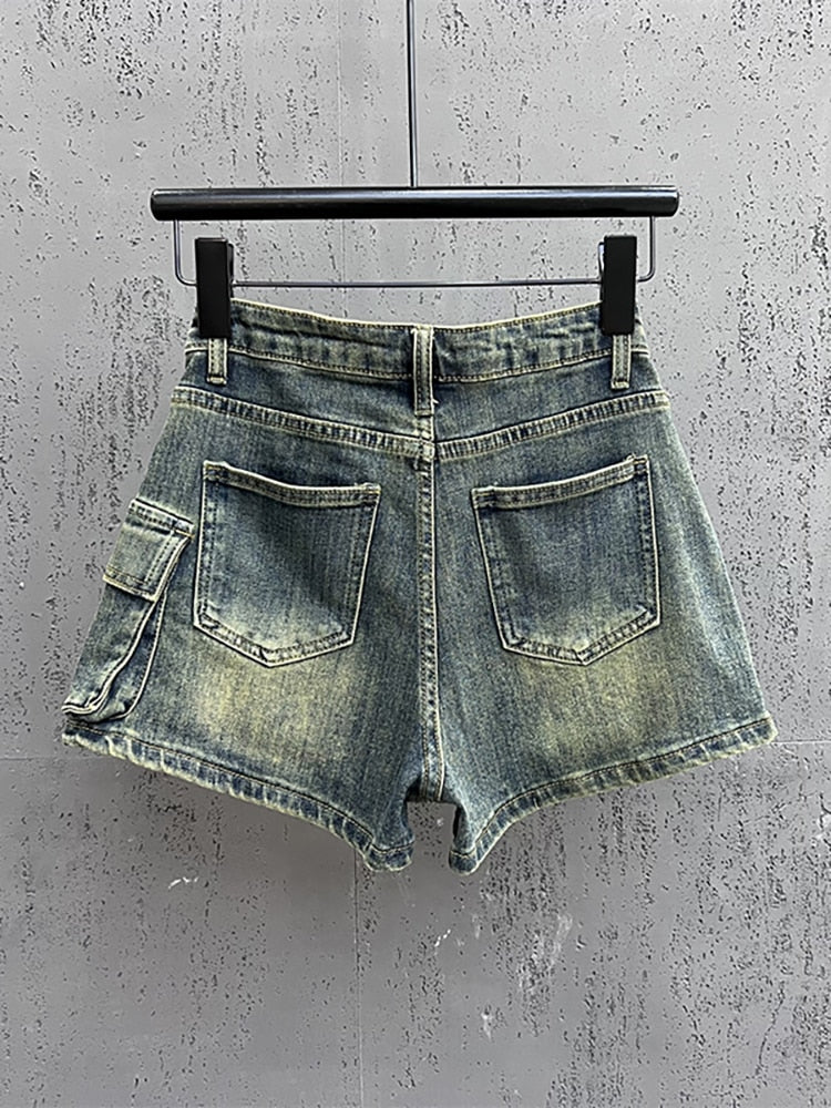 Denim Big Pockets Cargo High Waist Short A-line Mini Skirt