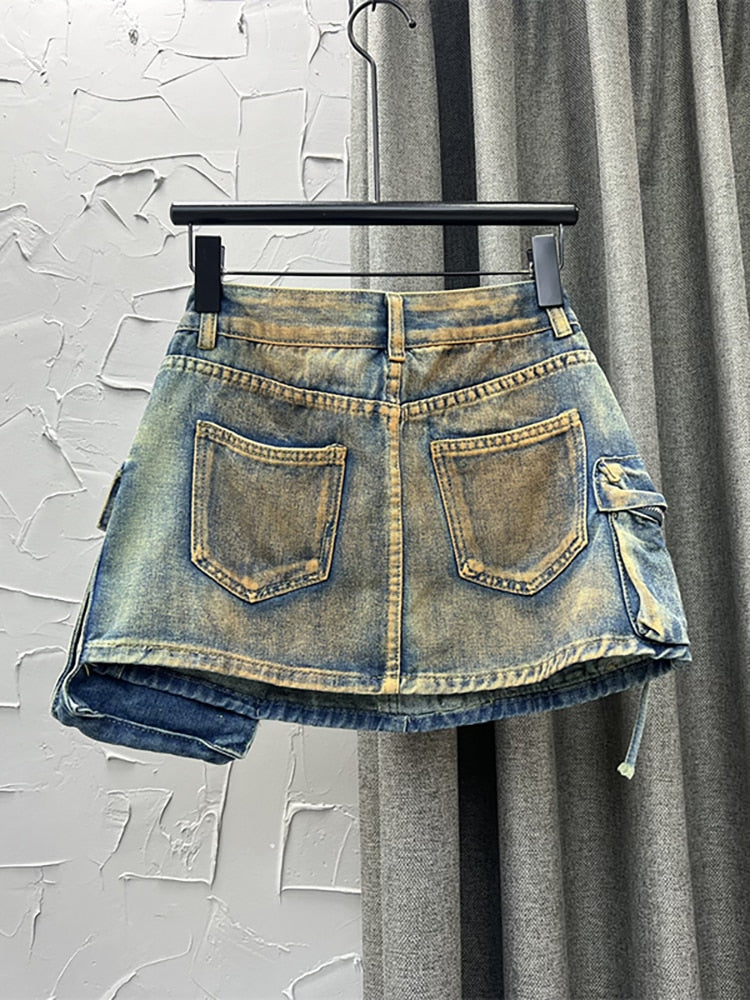 Denim Patchwork Washed Lace-up Cargo A-line Mini Skirt