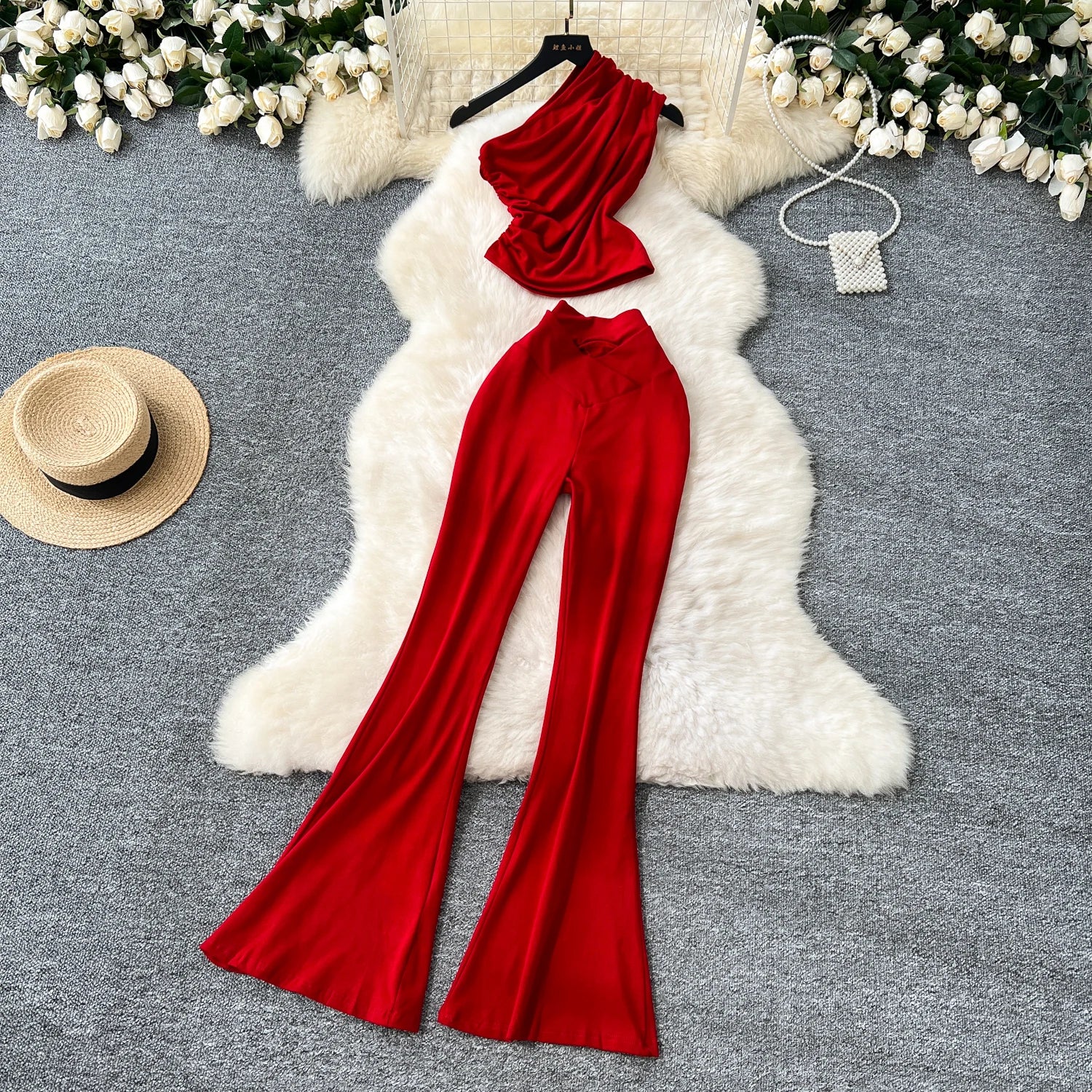Chic Vintage Diagonal Collar Sleeveless Pleated Top and High Waist Flare Pants Two Piece Set