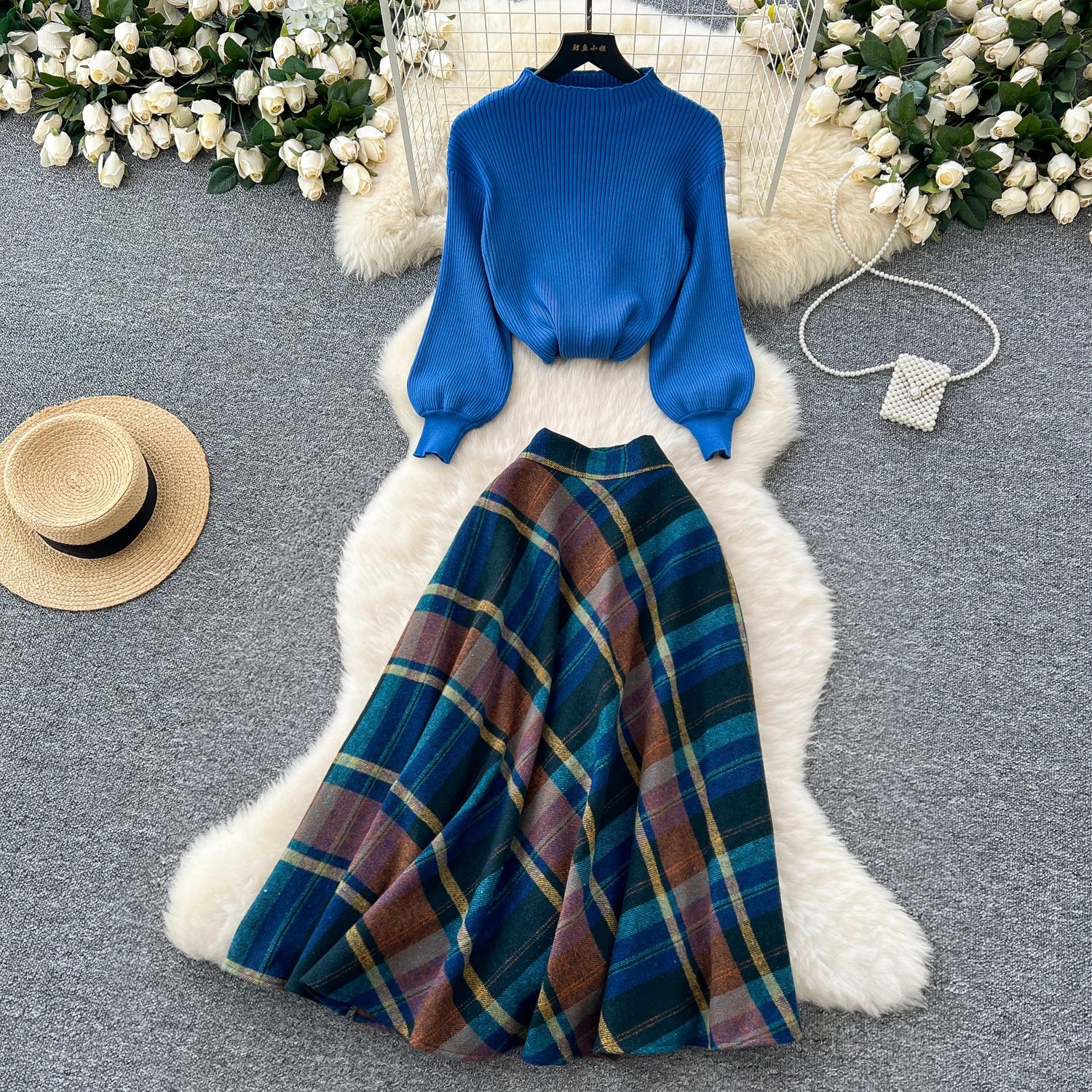 Knitted Two-Piece SetsLoose Pullovers+Plaid A Line Long Skirt High Casual Suits