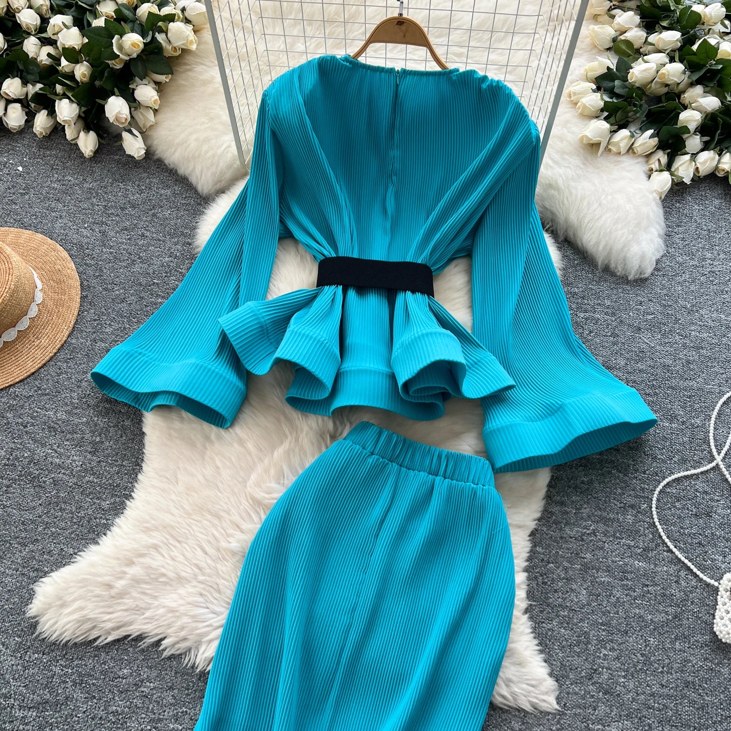3D Flower 2pc Set Flare Sleeve Tops+Bodycon Mermaid Skirt