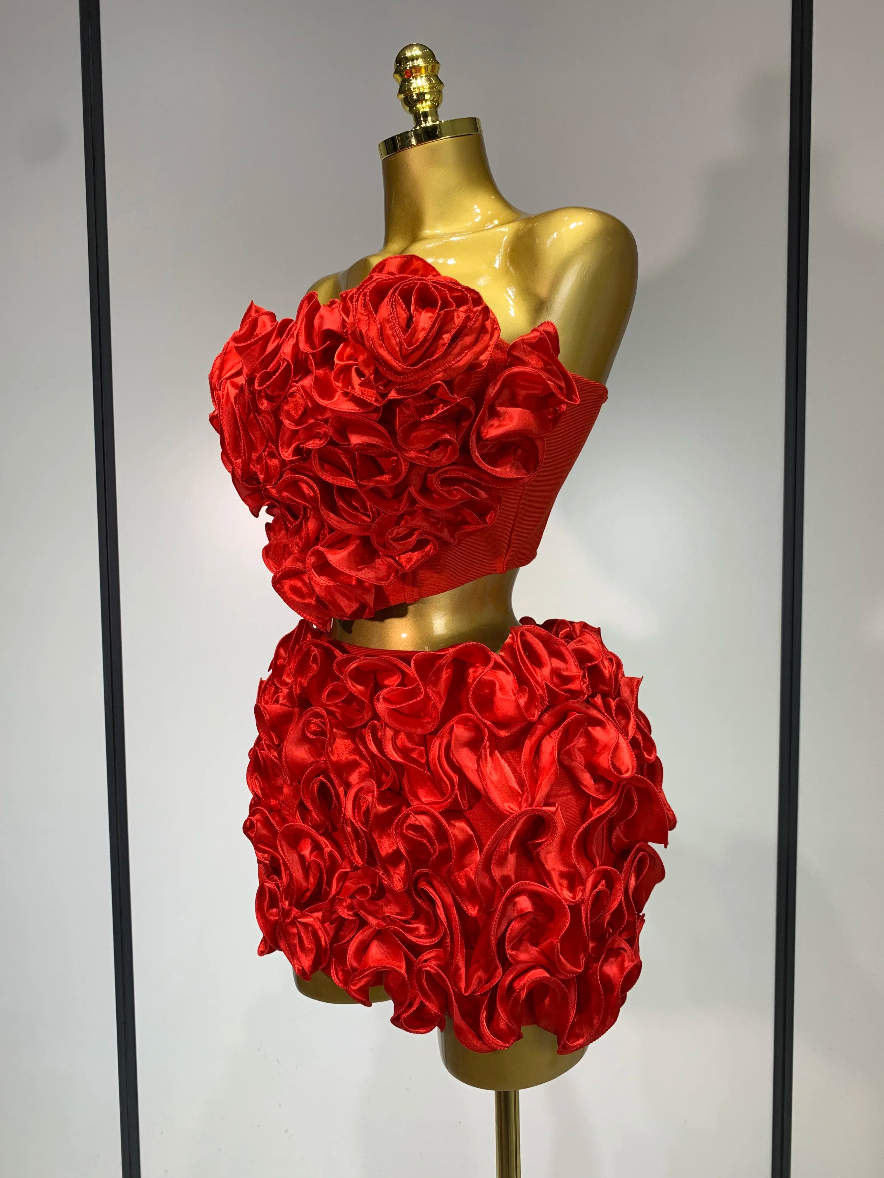 Strapless Red flower Top With Mini Skirt Bodycon Bandage Two Pieces Set