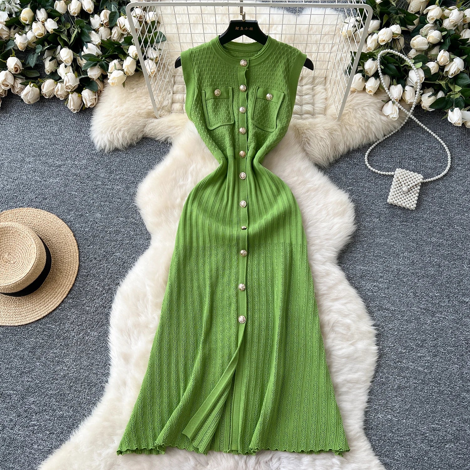 Office Lady Dress O Neck Sleeveless Single Breasted Chic Knitted Dress