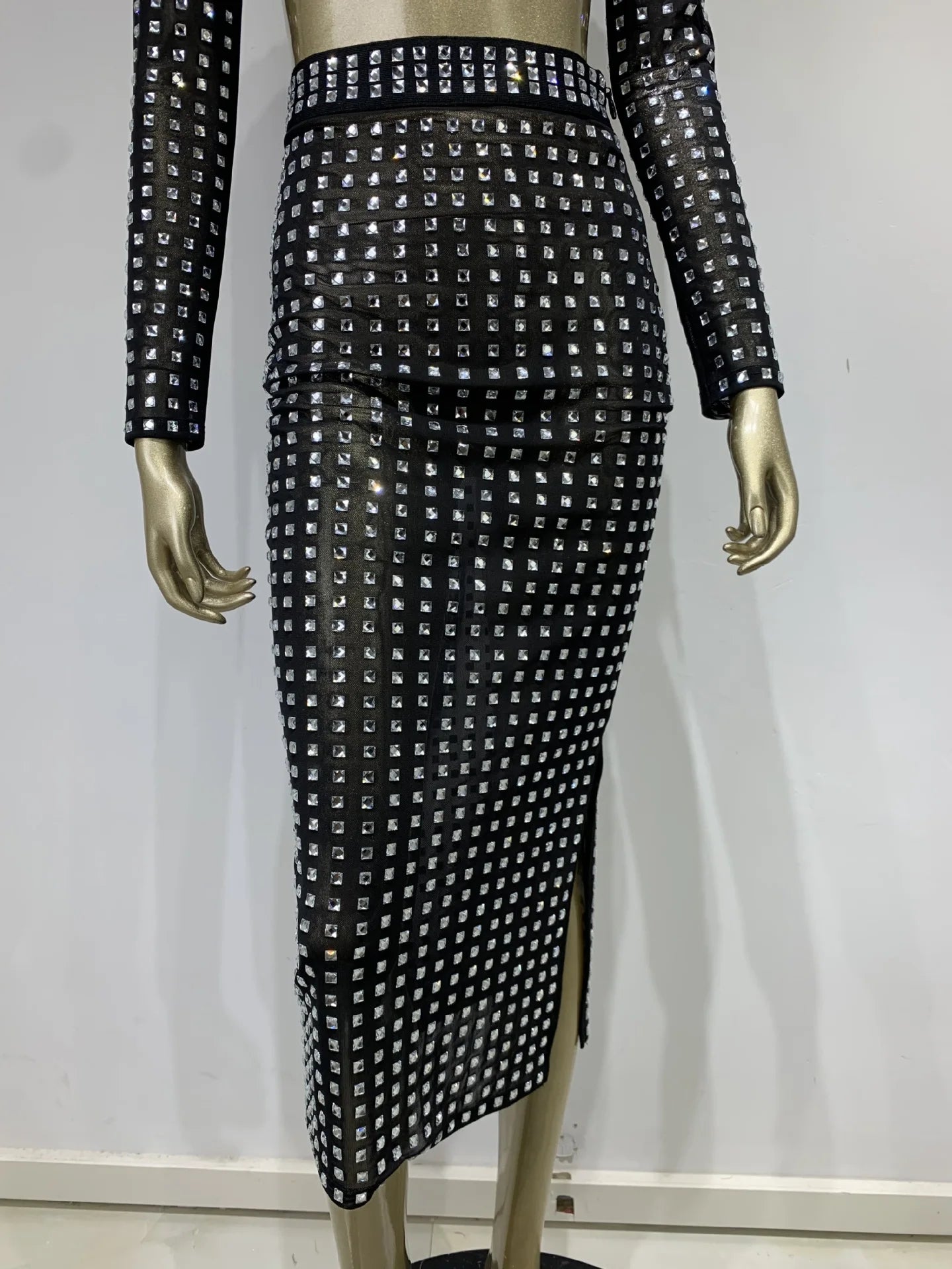 Turtleneck Studded Mesh Sparkly Black Midi Bodycon Skirt Set