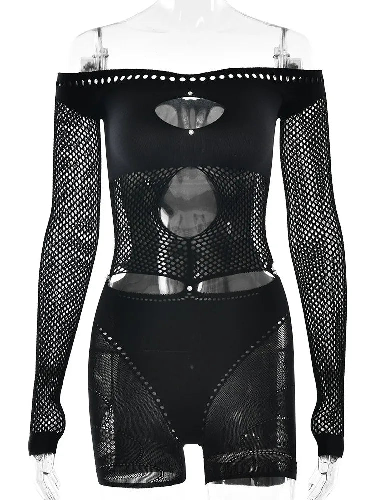 Hollow See Through Strapless Off Shoulder Full Sleeve One Piece Rompers