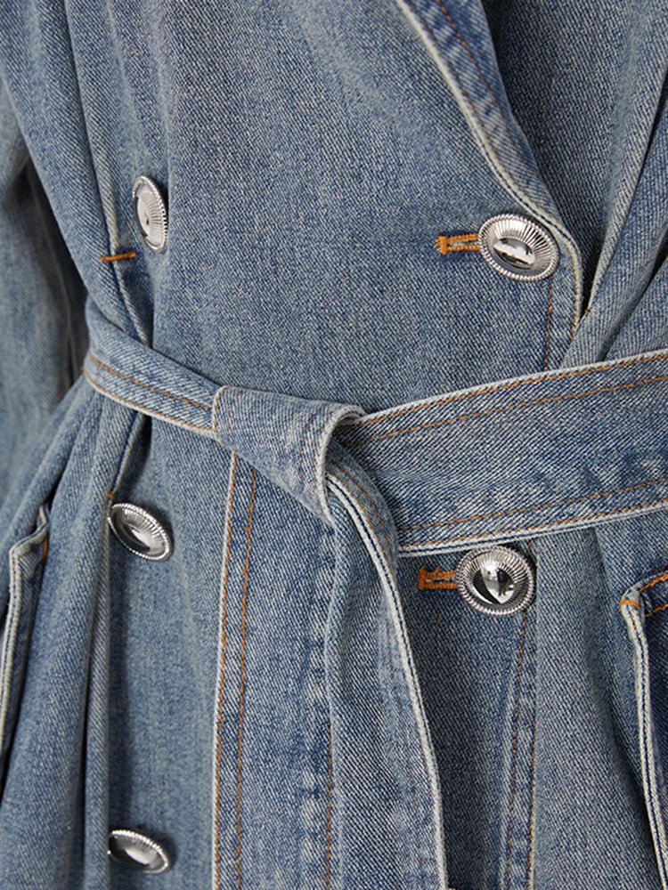 Blue Denim Big Size Long Trench Lapel Long Sleeve Loose Fit Windbreaker