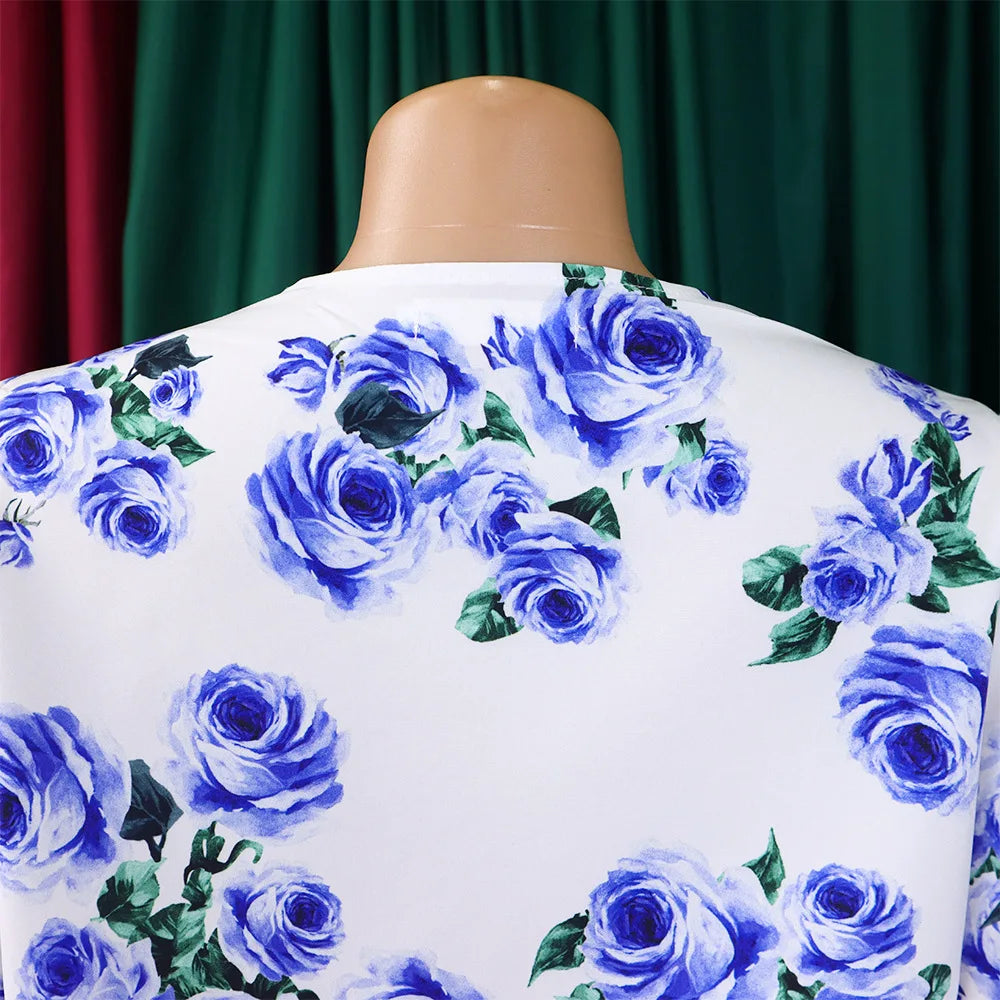 Two Piece Sets Slim Fit Print Floral Round Neck Lantern Sleeve Elegant Splice Wide Leg Long Pants