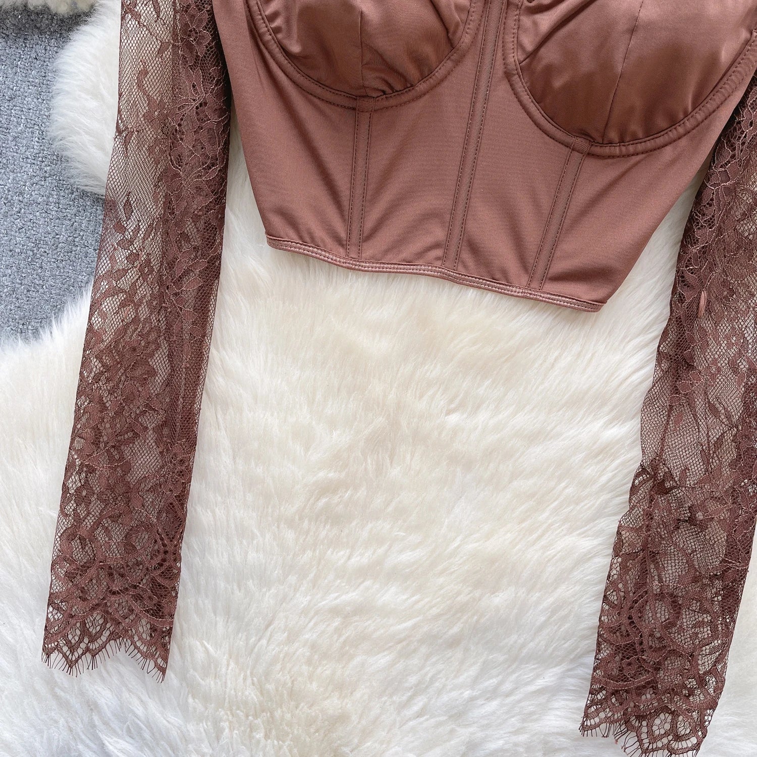 Chic Lace Hollow Out Strapless Long Sleeves Crop Top