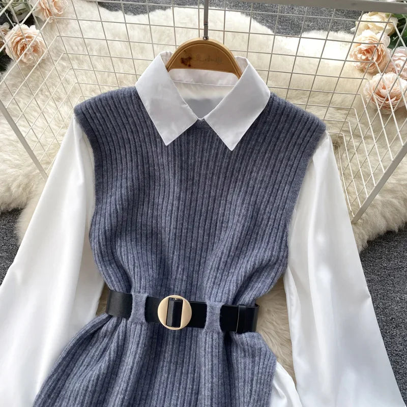 Luxury Style Loose-fit Long Sleeve White Shirt Side Slit Knit Vest 2-piece Set