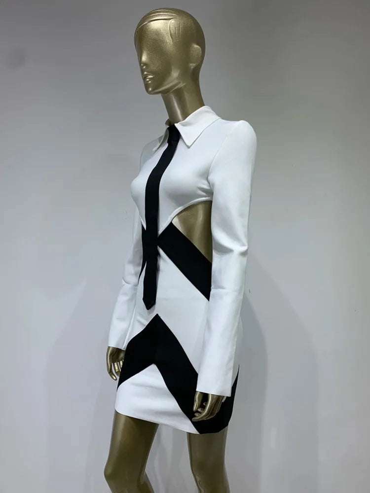 Long Sleeve Patchwork Black White Tie Cut Out Mini Bandage Dress