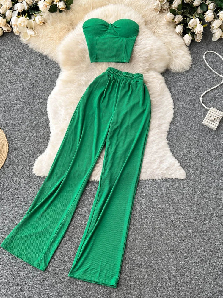 Two Piece Set Pants Suit Strapless Tops & High Waist Loose Pants  Y2k Suit