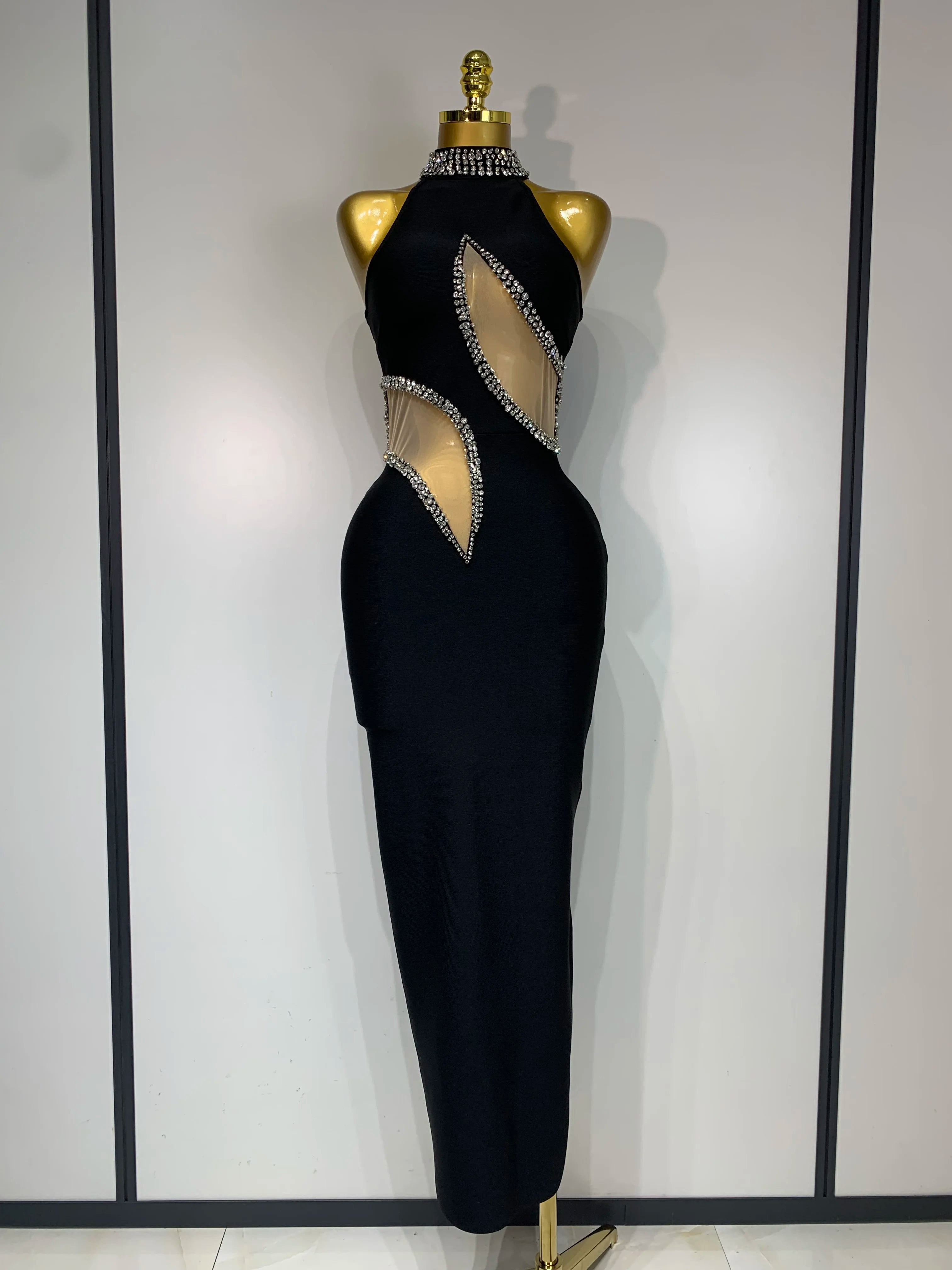 Rhinestone Black Sleeveless Mesh Patchwork Bodycon Bandage Elegant Dresses