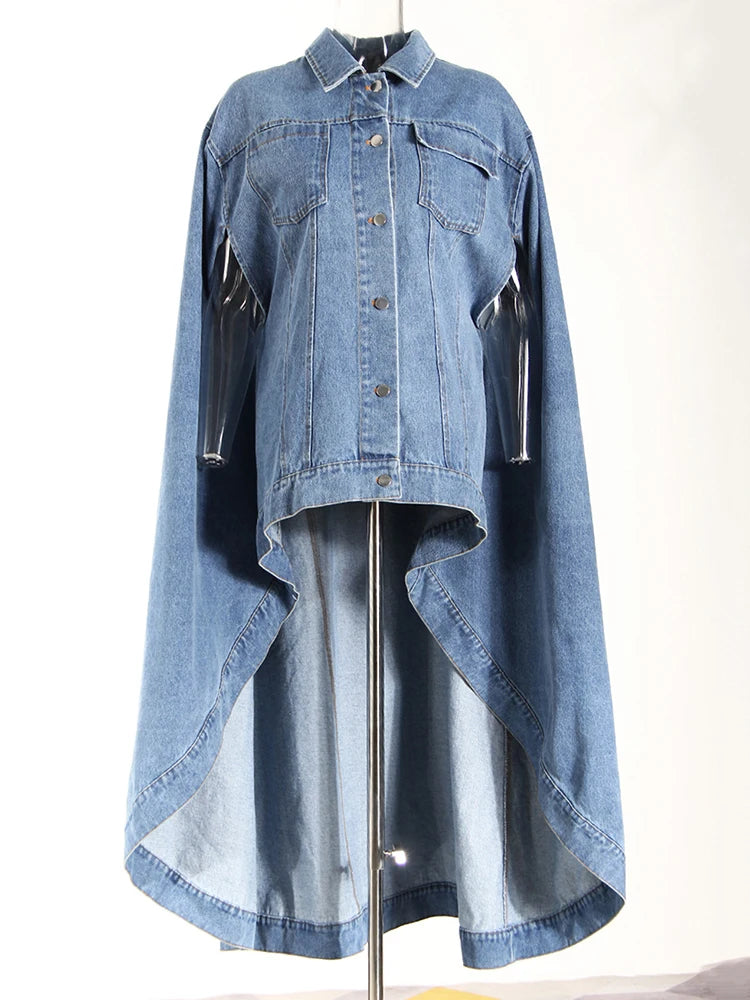 Blue Denim Irregular Big Size Cloak Trench Lapel Long Sleeve Windbreaker