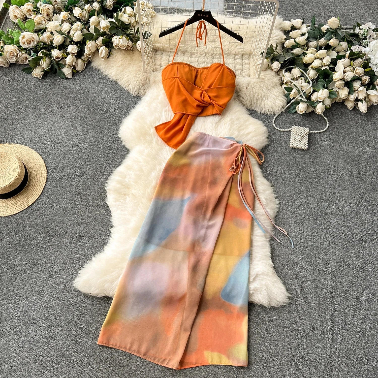 High Quality Holiday Strapless Halter Top+Zipper Tie Dye Skirt Two Pieces Suit