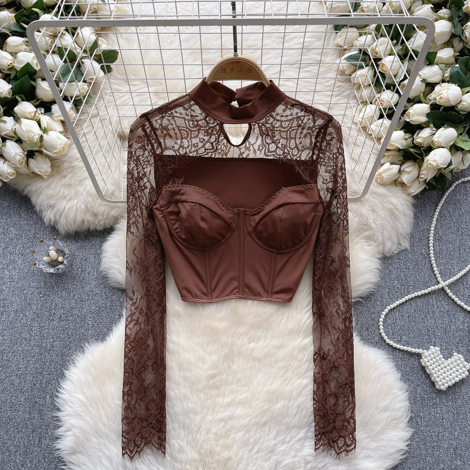Chic Lace Hollow Out Strapless Long Sleeves Crop Top