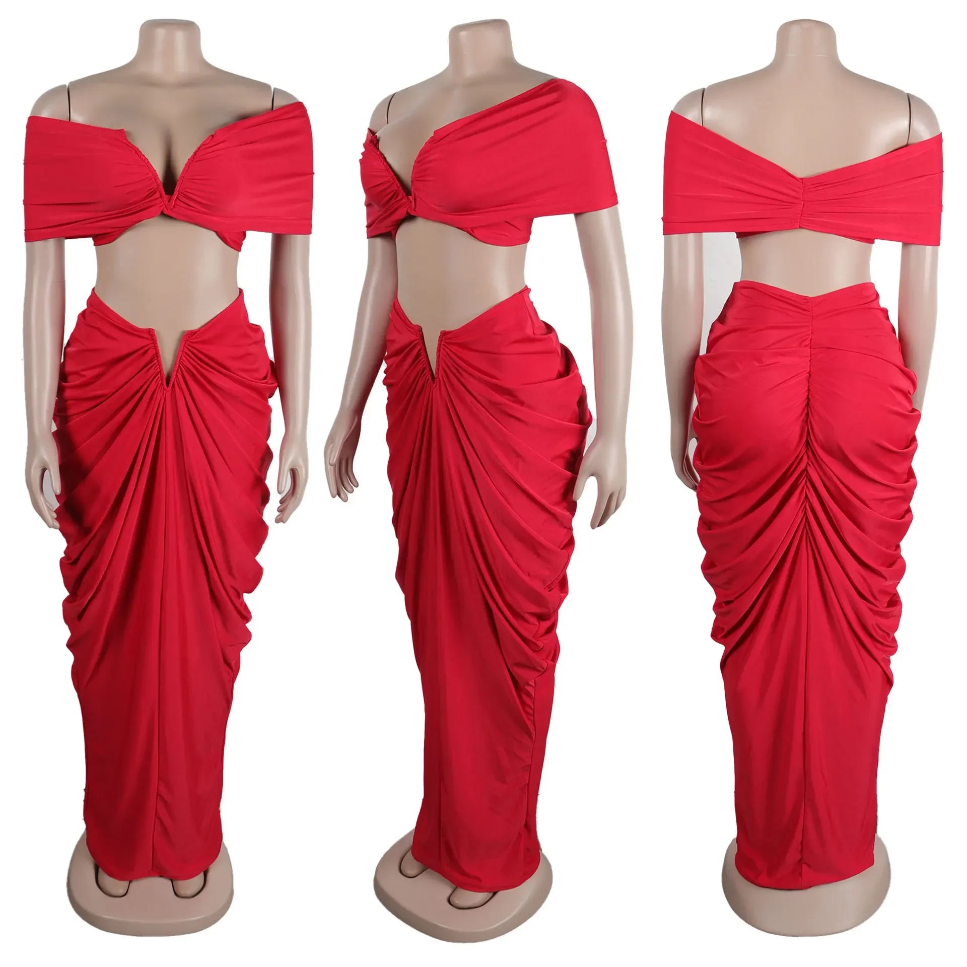 Stacked Ruched Off Shoulder Crop Top and Low Waist Maxi Long Skirts Two Piece Sets