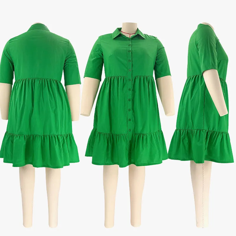 CM.YAYA Plus Size Women Short Sleeve Single Breasted Ruffles Hem Big Swing Smock Shirt Dress 2022 Summer Elegant Orange Dresses