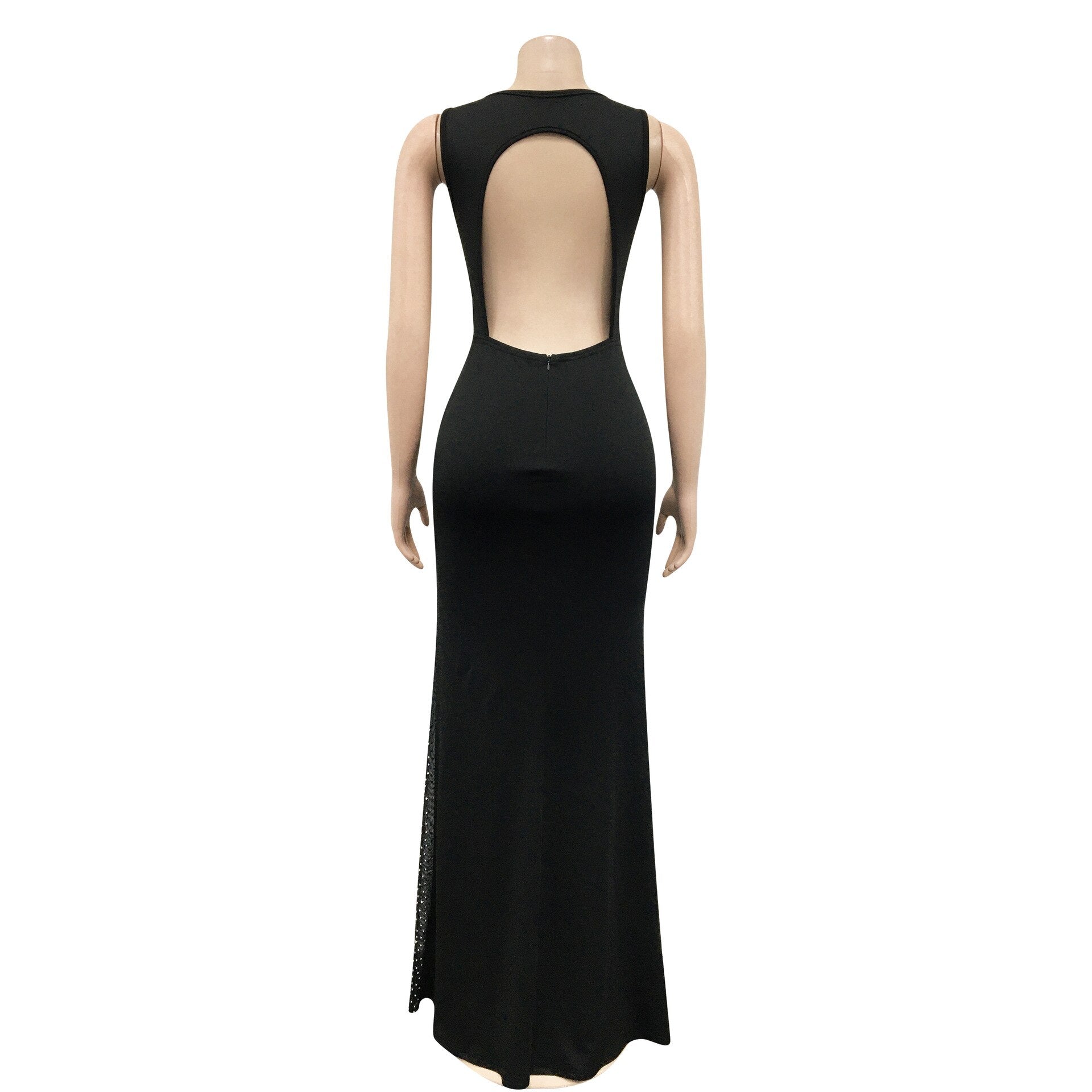 Rhinestone Mesh Sleeveless Open Back Maxi Dress