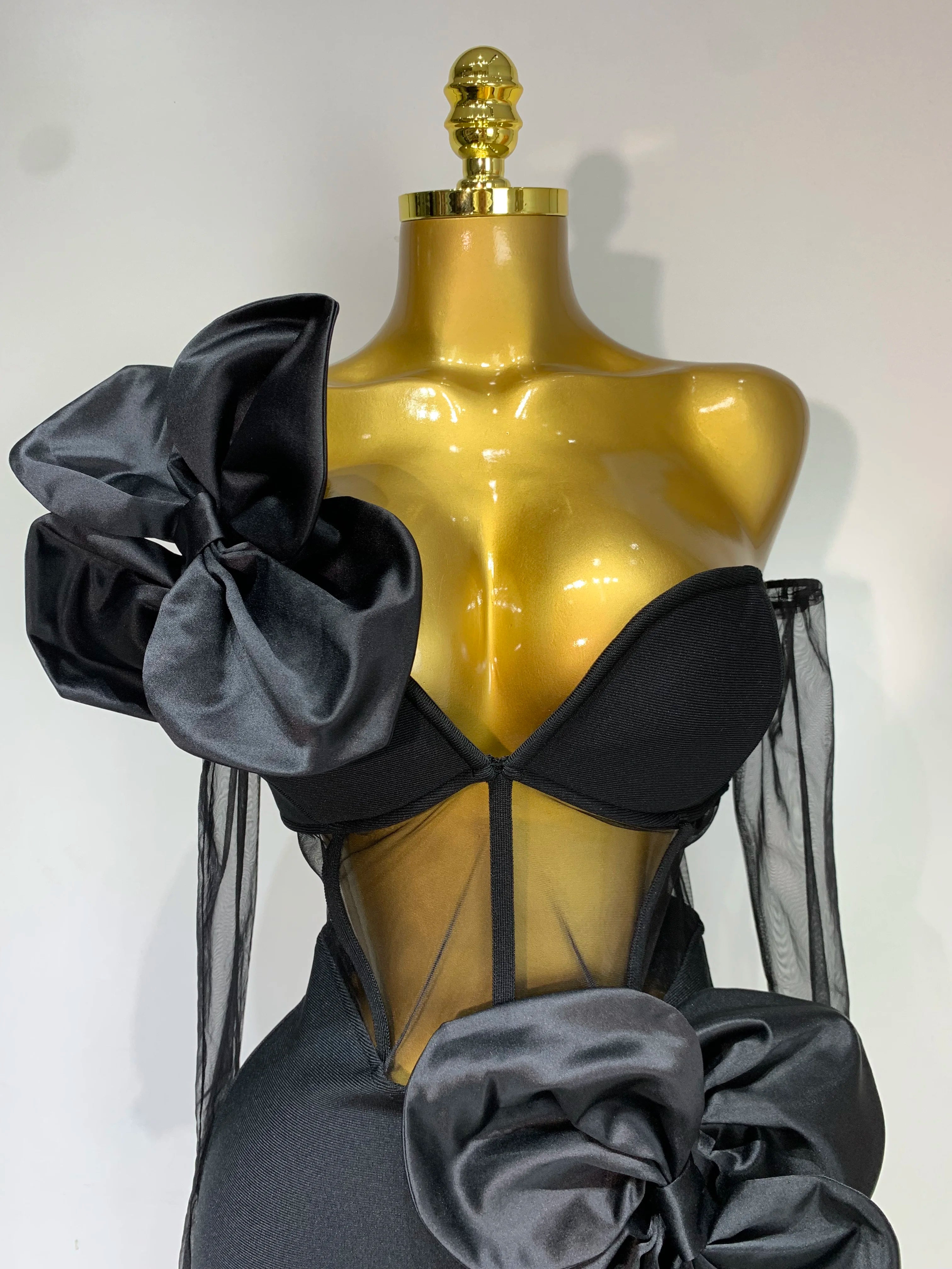One Shoulder Bow Mesh See Through Bandage Bodycon Dress