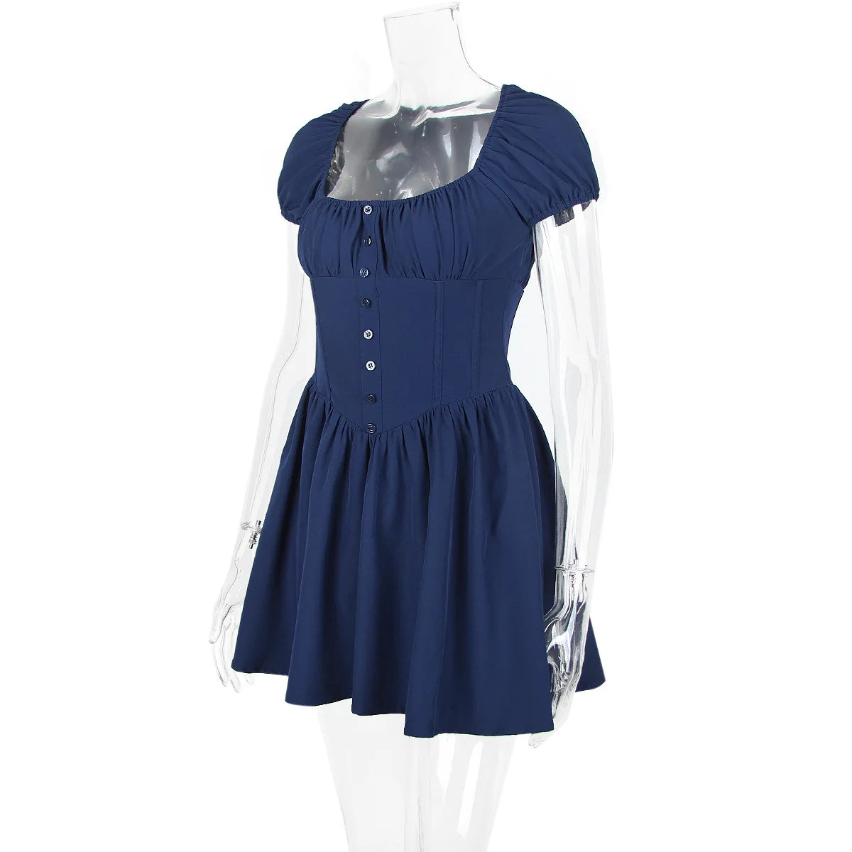 Short Sleeve Backless A-line Square Collar Pleated Mini Dress