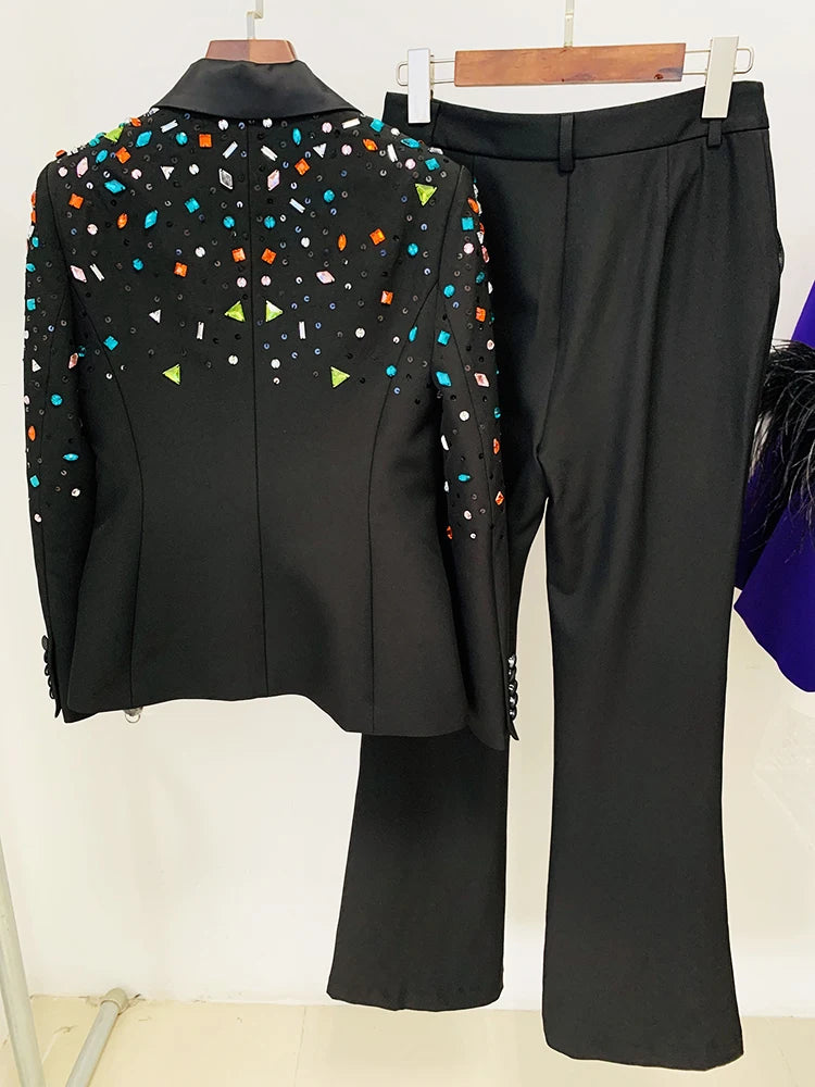 High Street Runway Fashion Suit Set Women's Slim Fitting Strass Diamonds Beaded Blazer Pants Set