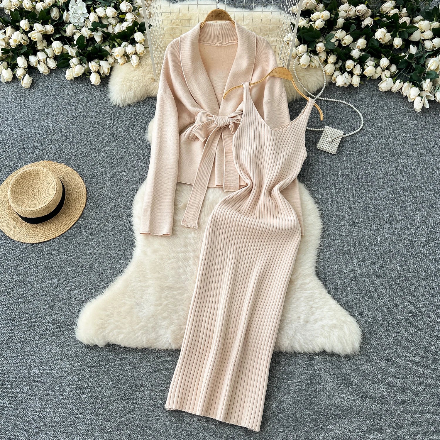 Lace Up Slim Cardigan+Sling Long Bodycon Solid Sweater Dress Two Piece Set