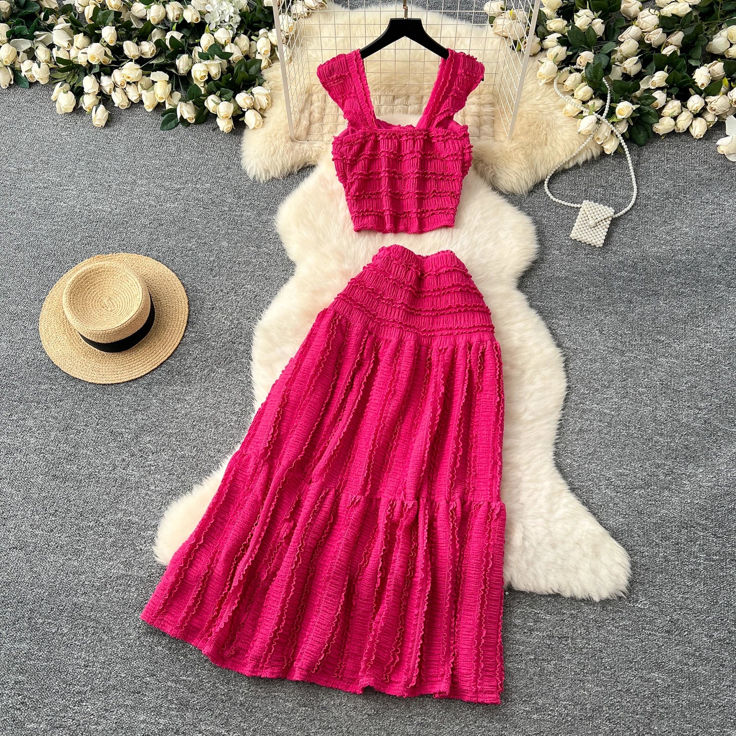 Casual Single Breasted Mini Camisole+Elastic Waist A Line Fold Slim Skirt Two Piece Sets