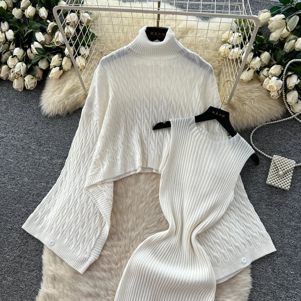 Turtleneck Sweater Suits Batwing Sleeves Short Pullovers+Bodycon Tank Dress Knitted 2Pcs Sets