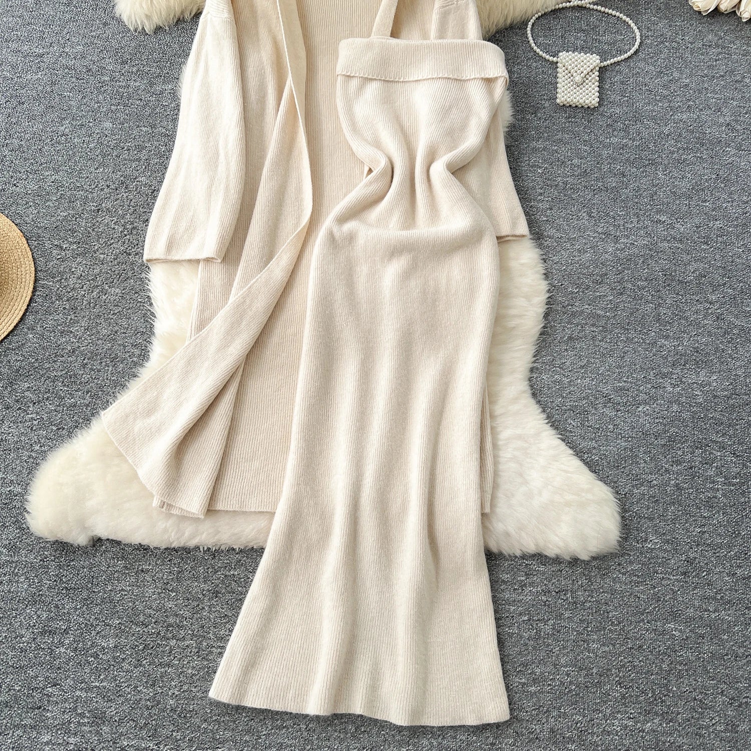 Long Sleeves Oversize Cardigan+Strapless Bodycon Dress Solid Knit 2pcs Sets