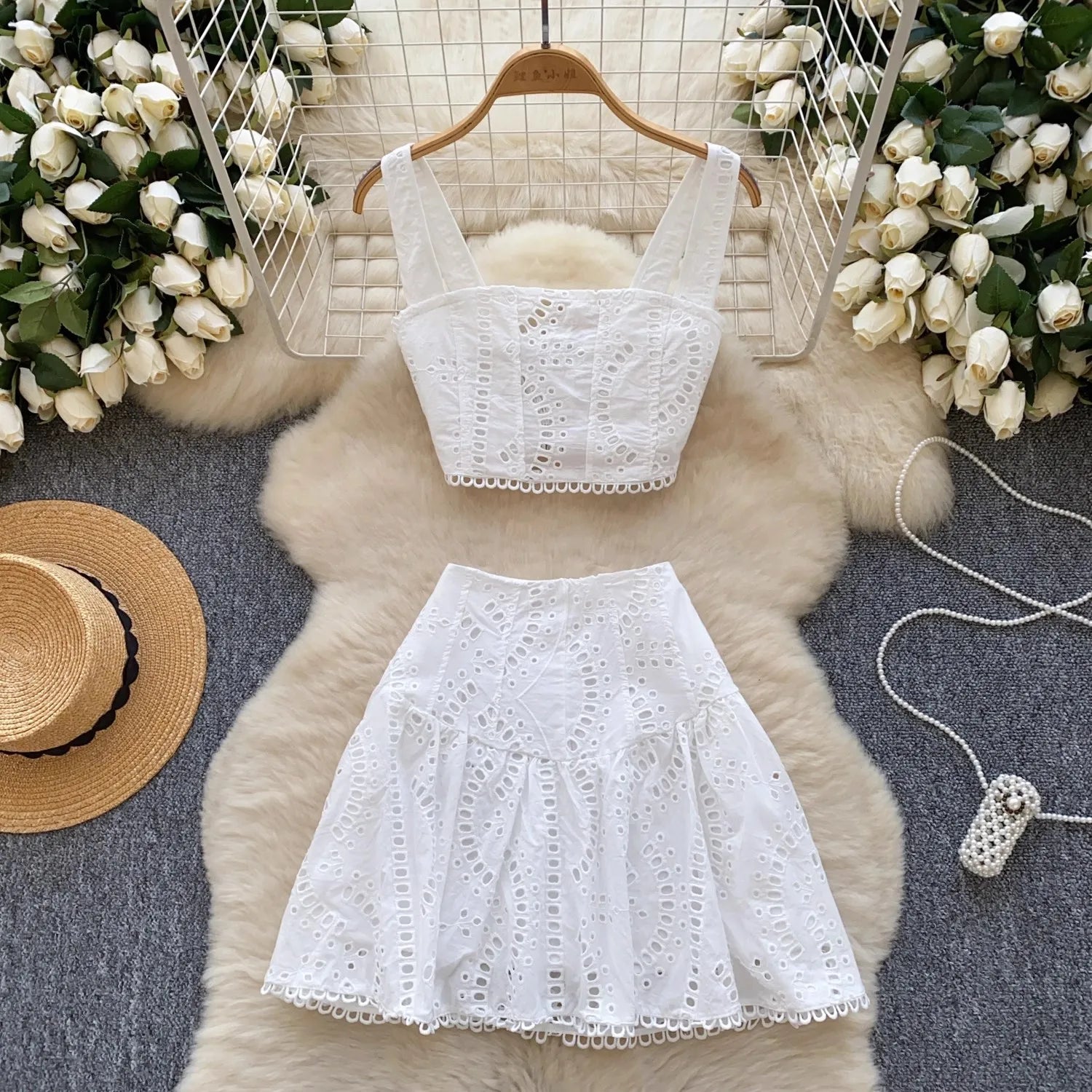 Y2k Elastic Backless Crop Top + High Waist Mini Skirts Hollow Out Two Piece Set