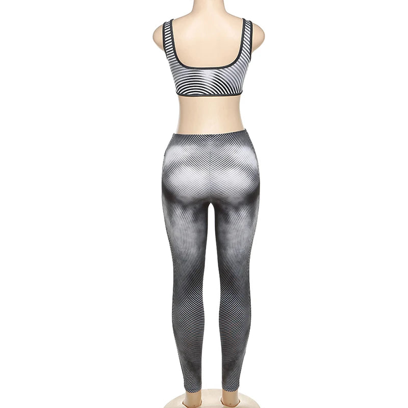 Gradient Stripe Print 2 Piece Set Backless Tank Tops+Leggings Set