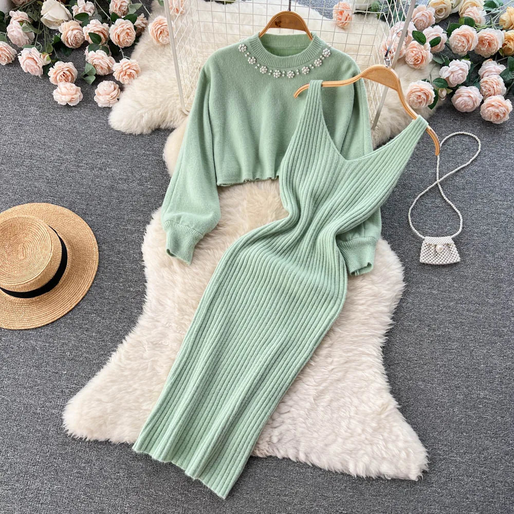 Knitted Sets Long Sleeve Pearl Sweater+Knitted Dress Sweater Suits
