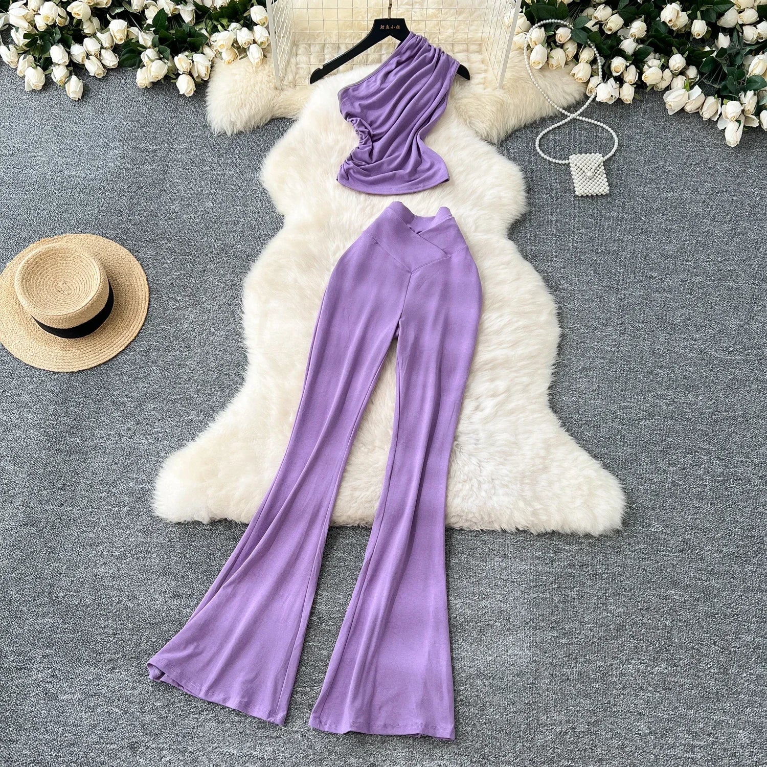 Chic Vintage Diagonal Collar Sleeveless Pleated Top and High Waist Flare Pants Two Piece Set