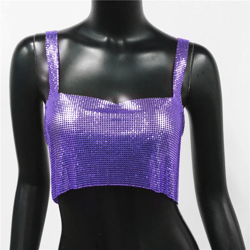 Bling Metallic Sequin Crop Top y2k Backless Straps Cropped Top