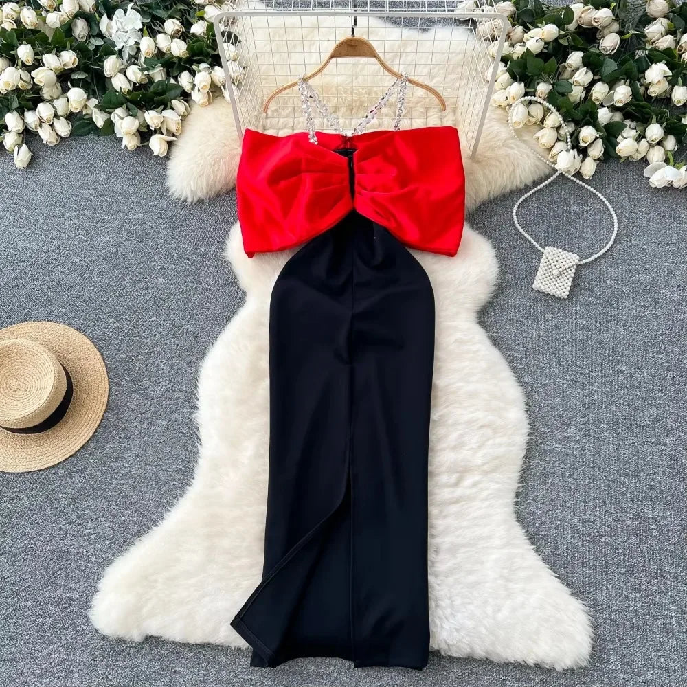 Elegant Rhinestone Chain Halter Off Shoulder Vintage Dress